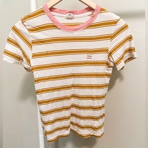 Billabong Yellow and White Striped Shortsleeved Tee size small